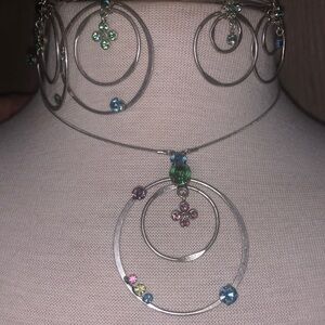 1 Necklace 2 Pair Earrings Geometric Silver Tone Colorful Rhinestones